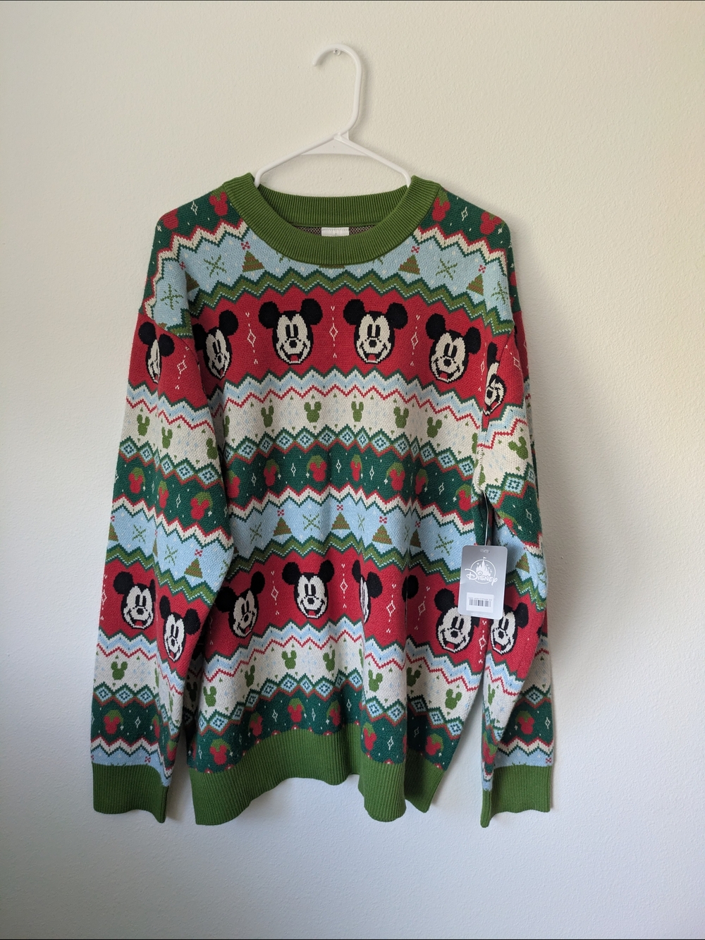 Disney Men's Green, Red & Light Blue Mickey Fair Isle Crewneck Sweater